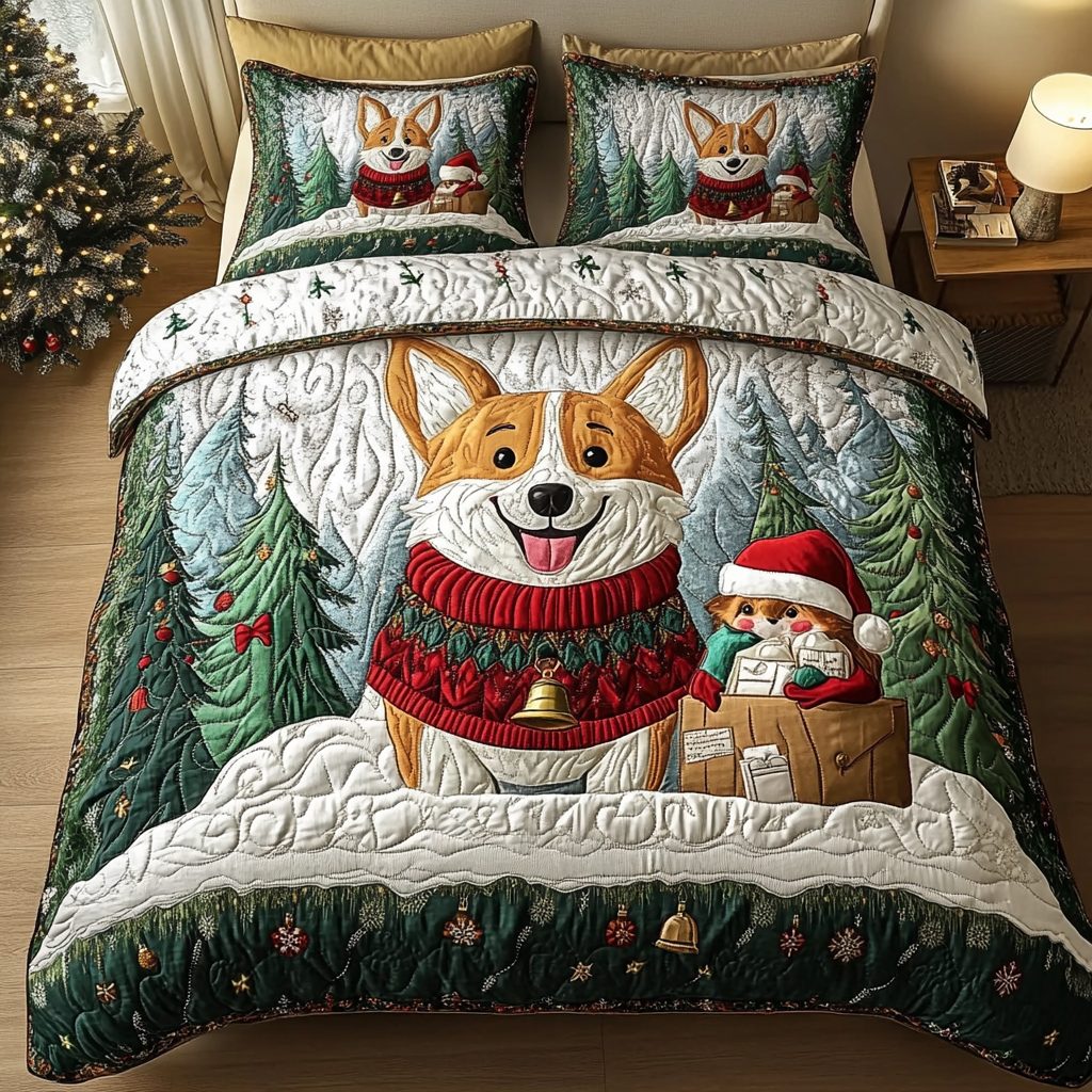 Corgi Claus quilted 3-piece bedding set on a made bed with two matching pillow shams