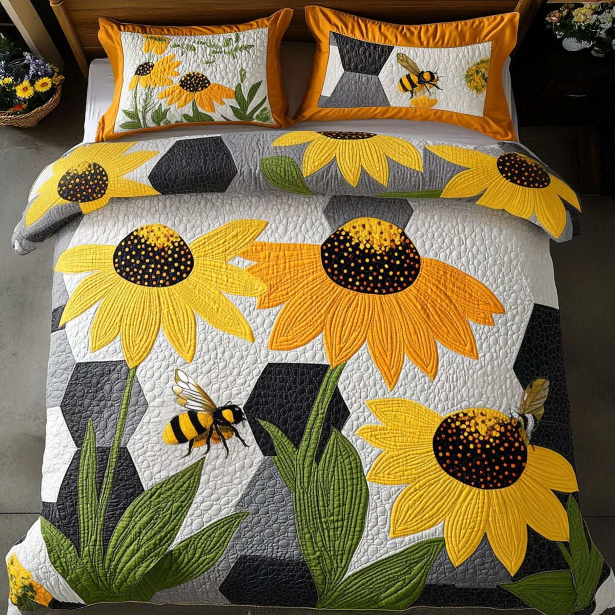 Cornflower Beauty quilted 3-piece bedding set on a made bed with two matching pillow shams