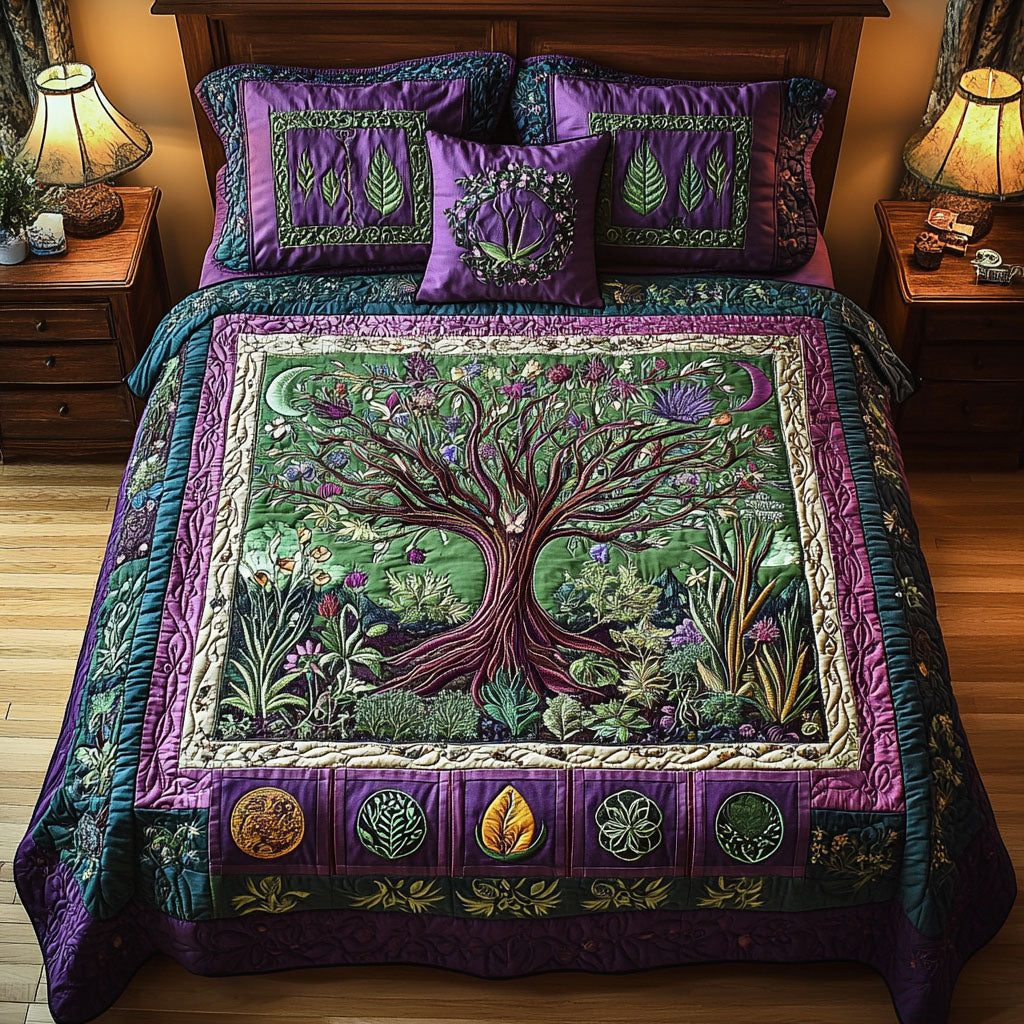 Cosmic Arbor Glow quilted 3-piece bedding set on a made bed with two matching pillow shams