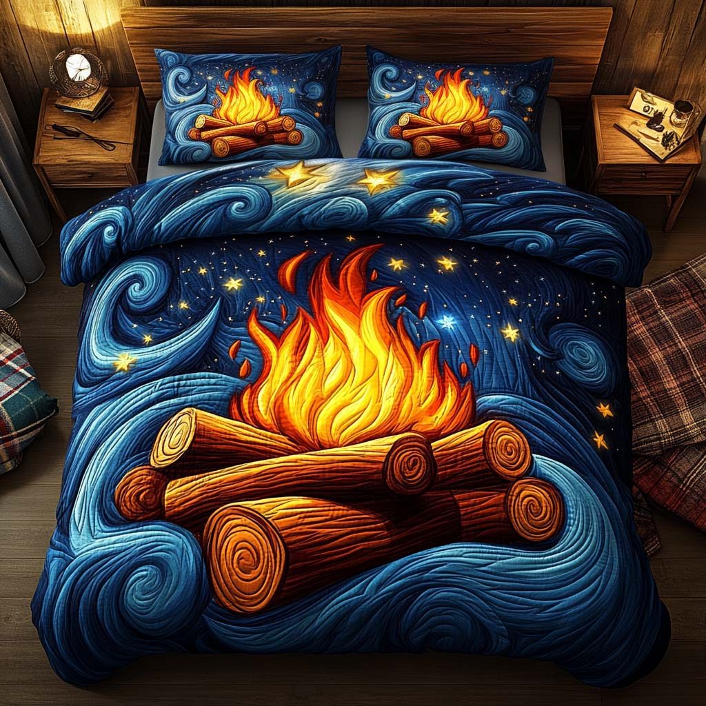 Cosmic Campfire quilted 3-piece bedding set on a made bed with two matching pillow shams