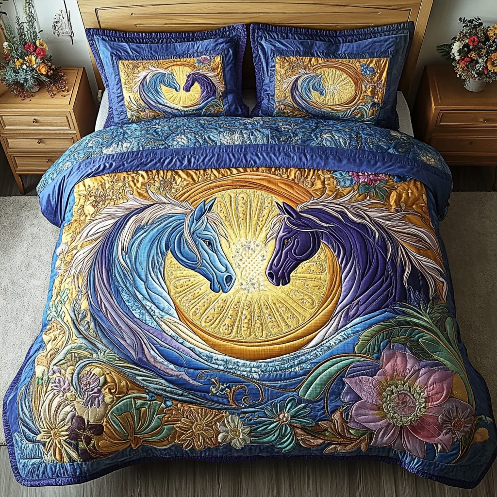 Cosmic Charger quilted 3-piece bedding set on a made bed with two matching pillow shams