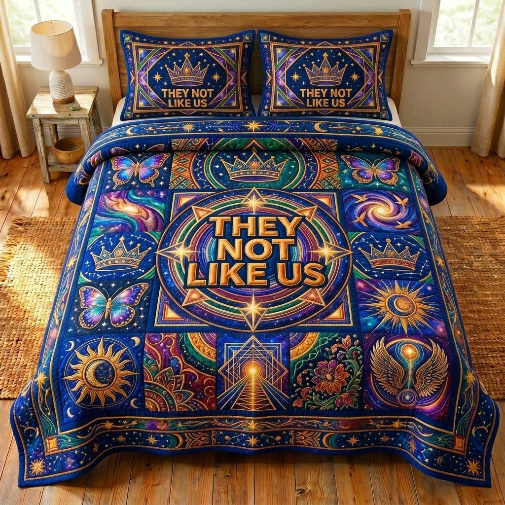 Cosmic Crown quilted 3-piece bedding set on a made bed with two matching pillow shams