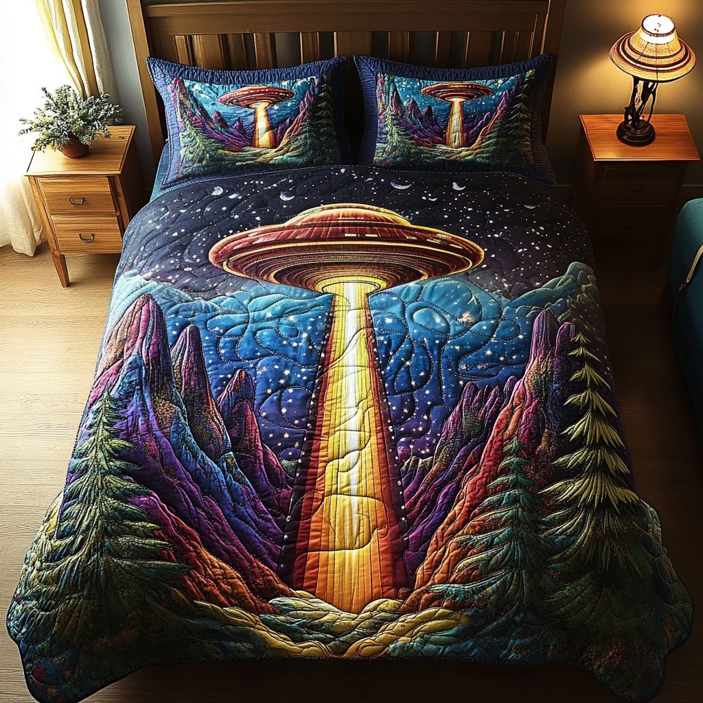 Cosmic Encounter quilted 3-piece bedding set on a made bed with two matching pillow shams