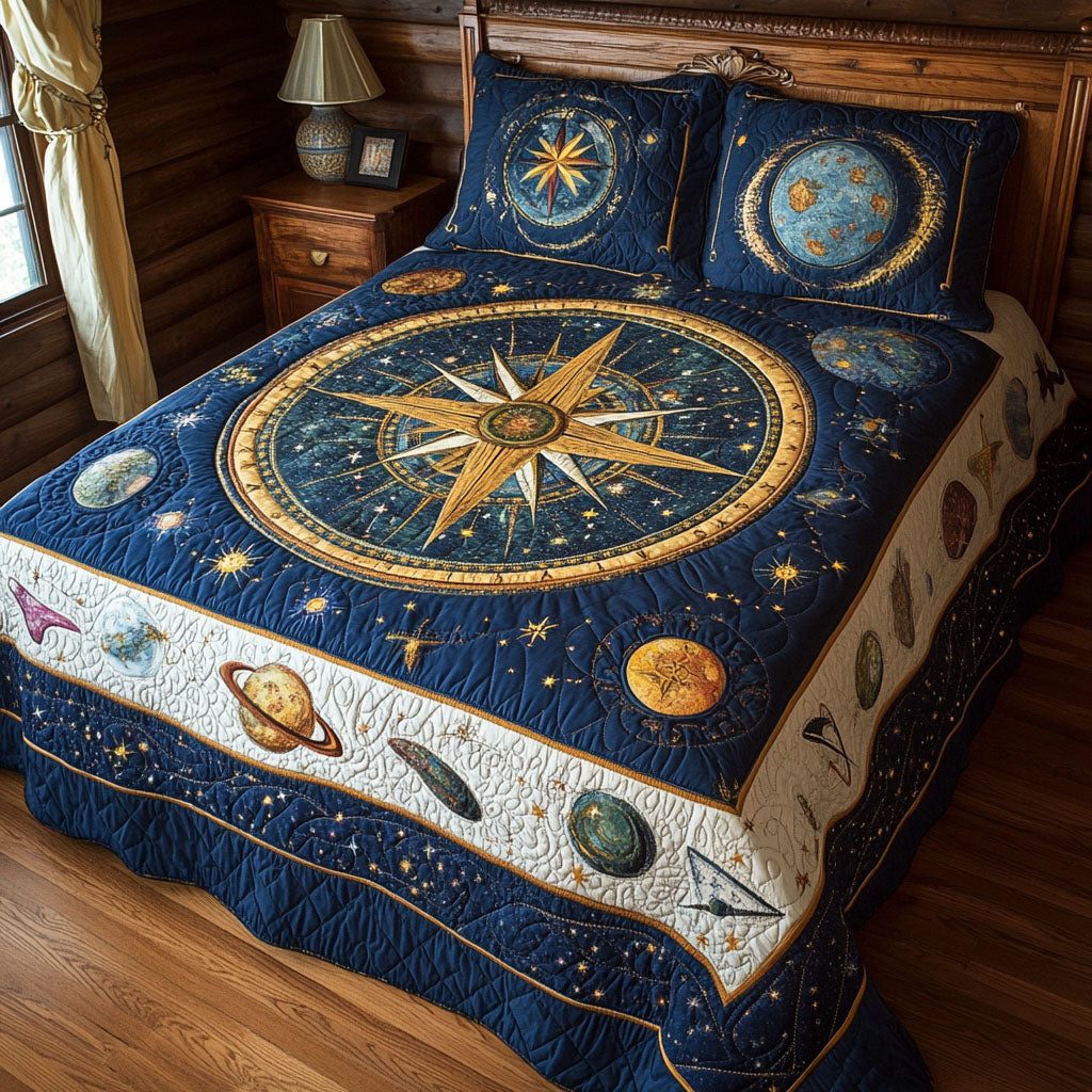 Cosmic Explorer quilted 3-piece bedding set on a made bed with two matching pillow shams