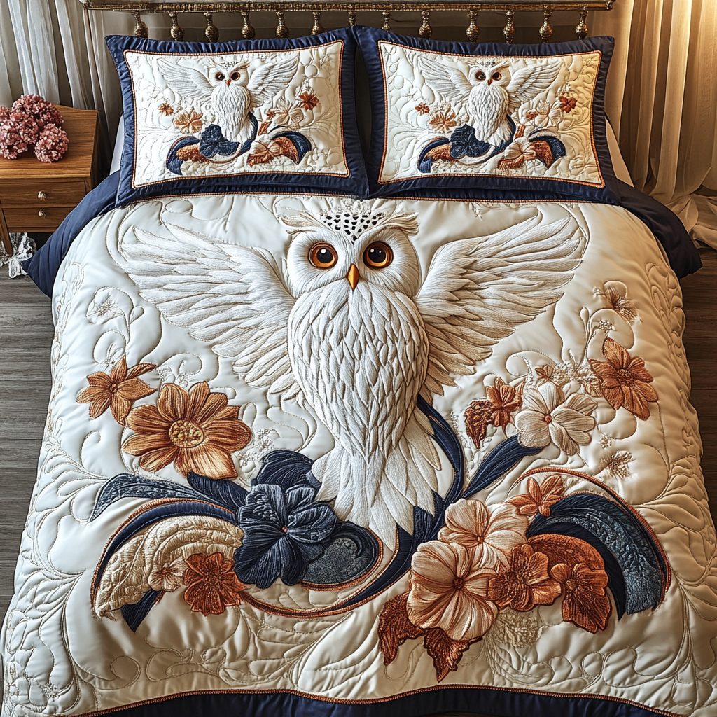 Cosmic Feather quilted 3-piece bedding set on a made bed with two matching pillow shams