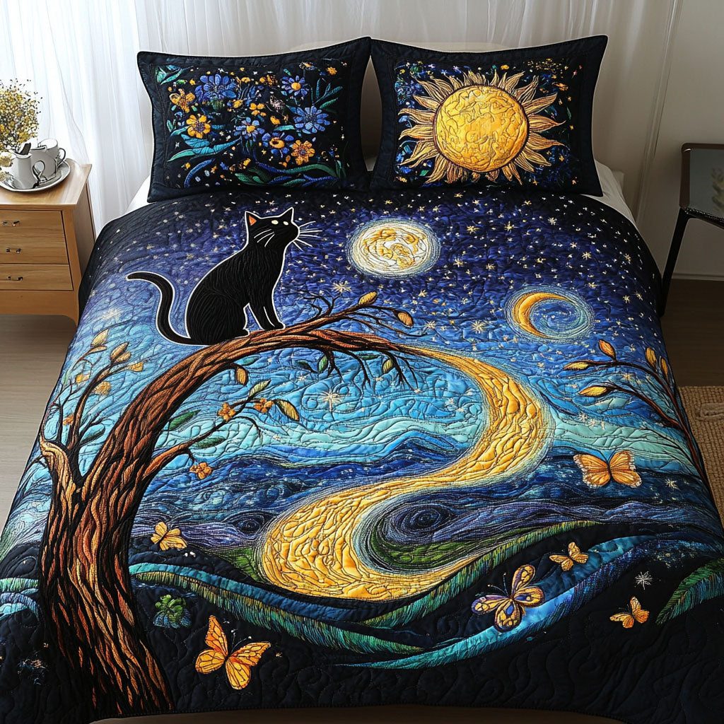 Cosmic Feline quilted 3-piece bedding set on a made bed with two matching pillow shams