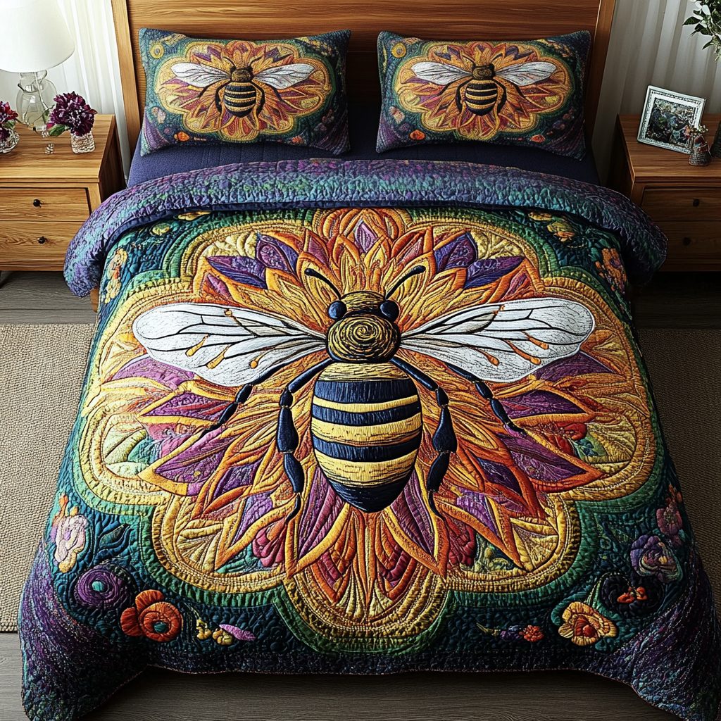 Cosmic Floral Bee quilted 3-piece bedding set on a made bed with two matching pillow shams