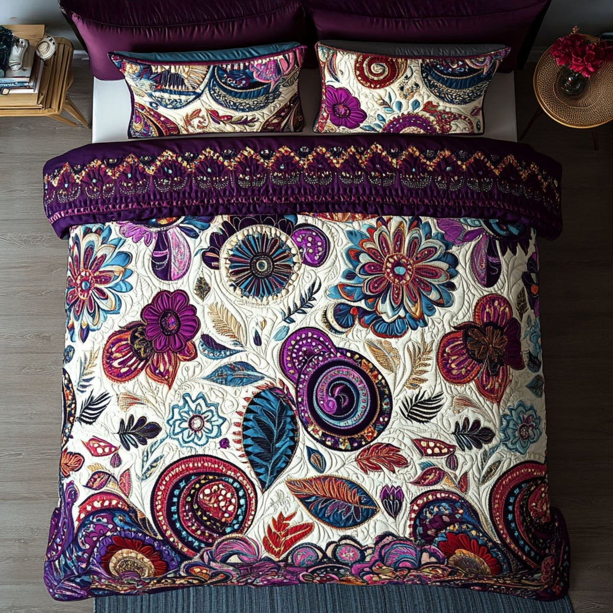 Cosmic Flow quilted 3-piece bedding set on a made bed with two matching pillow shams