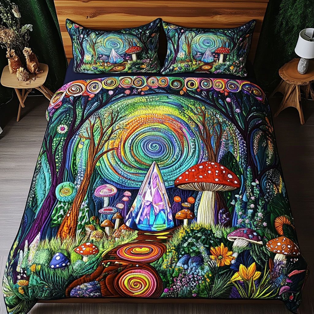 Cosmic Fungi quilted 3-piece bedding set on a made bed with two matching pillow shams