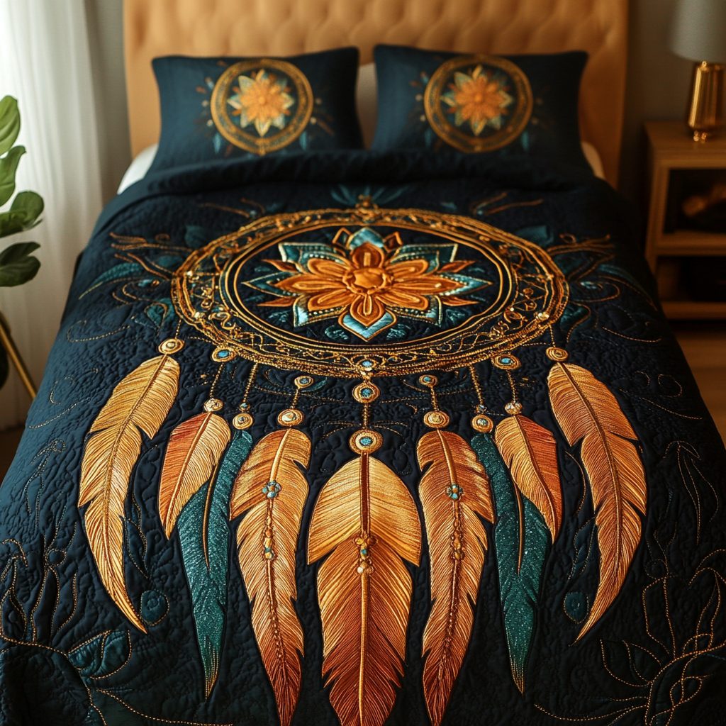 Cosmic Heart quilted 3-piece bedding set on a made bed with two matching pillow shams