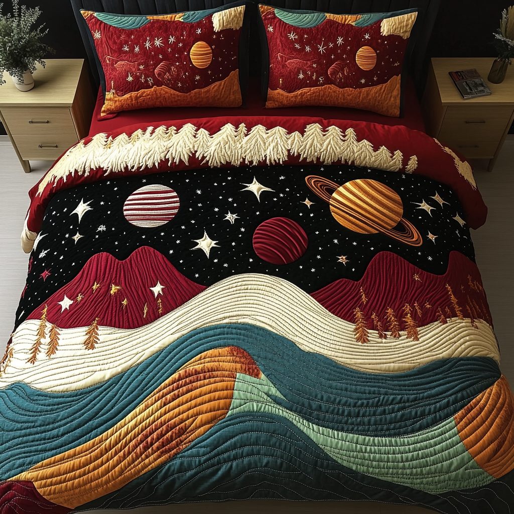 Cosmic Horizon quilted 3-piece bedding set on a made bed with two matching pillow shams