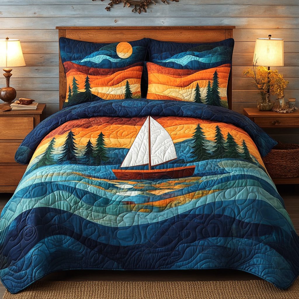 Cosmic Journey quilted 3-piece bedding set on a made bed with two matching pillow shams
