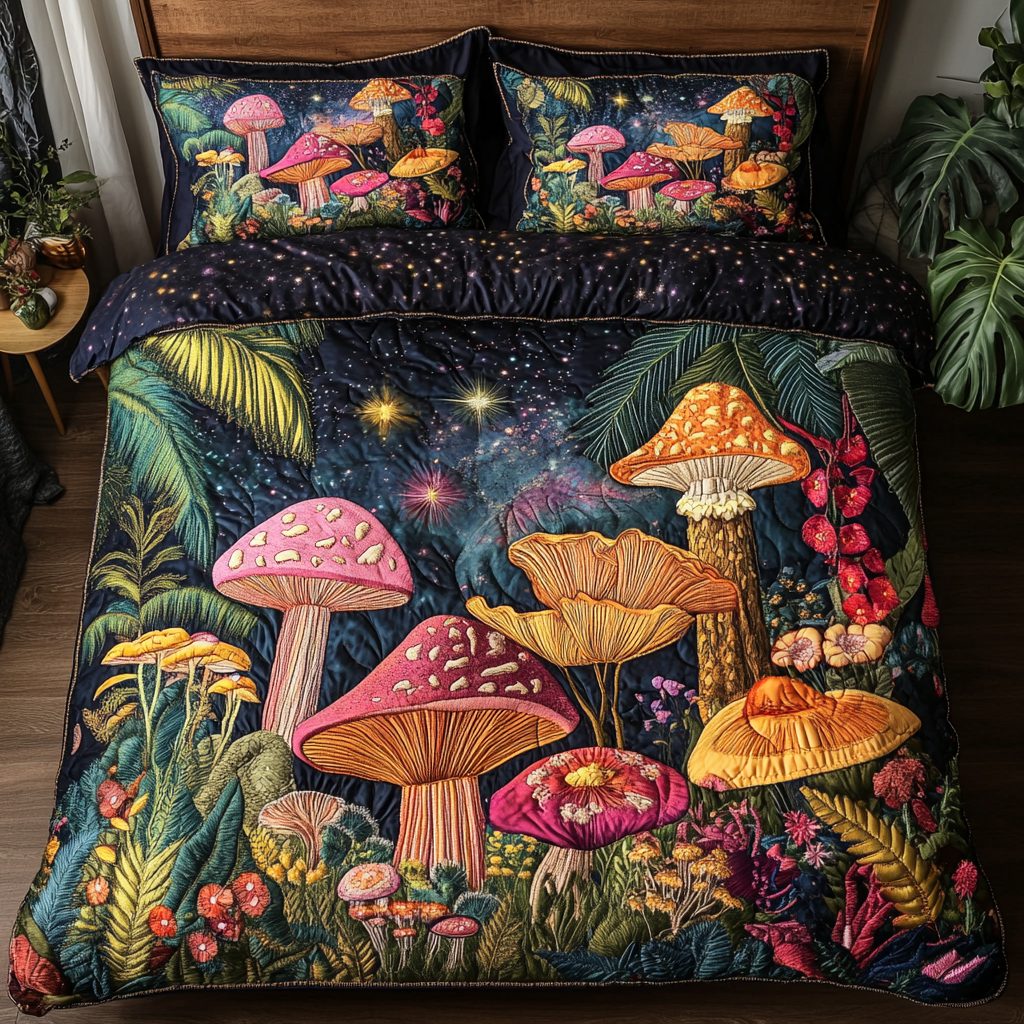 Cosmic Mushroom quilted 3-piece bedding set on a made bed with two matching pillow shams