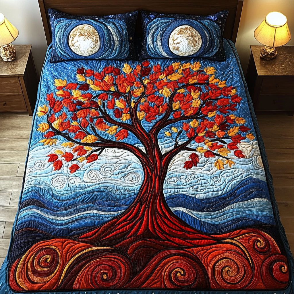 Cosmic Tree quilted 3-piece bedding set on a made bed with two matching pillow shams