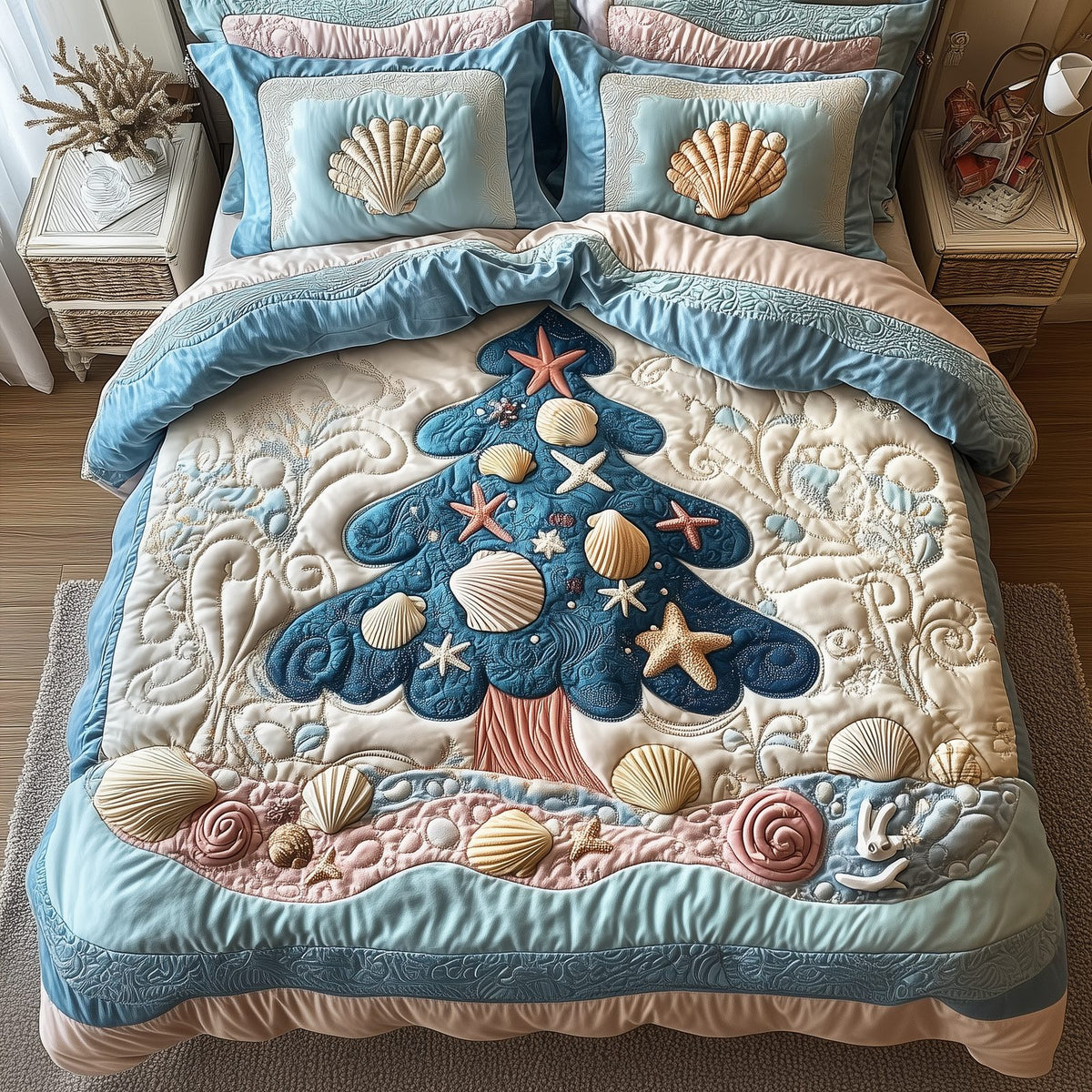 Costal Christmas Tree quilted 3-piece bedding set on a made bed in a winter-styled bedroom