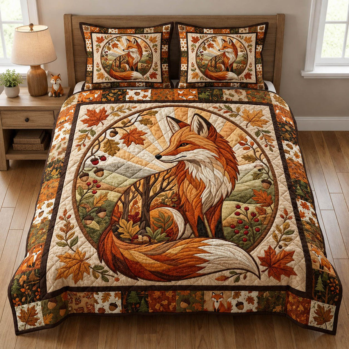 Cottage Autumn Fox quilted 3-piece bedding set on a made bed in a farmhouse bedroom