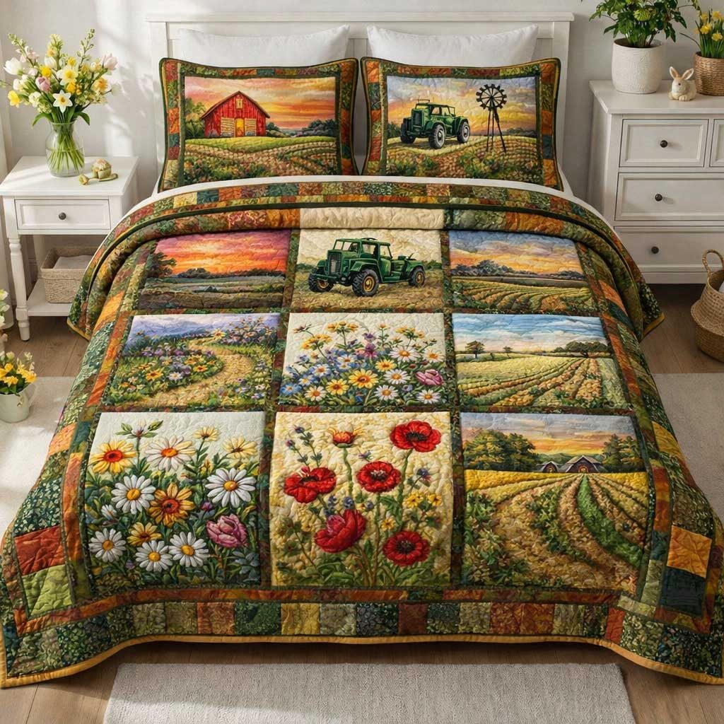 Cottage Bloom quilted 3-piece bedding set on a made bed in a farmhouse bedroom