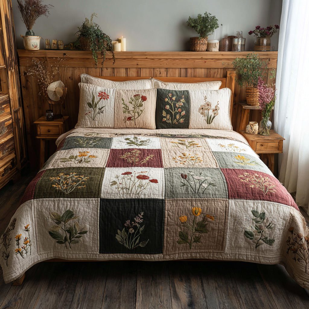 Cottage Botanics quilted 3-piece bedding set on a made bed in a farmhouse bedroom