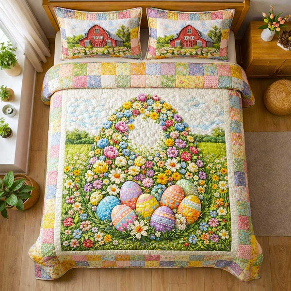 Cottage Bunny quilted 3-piece bedding set on a made bed in a farmhouse bedroom