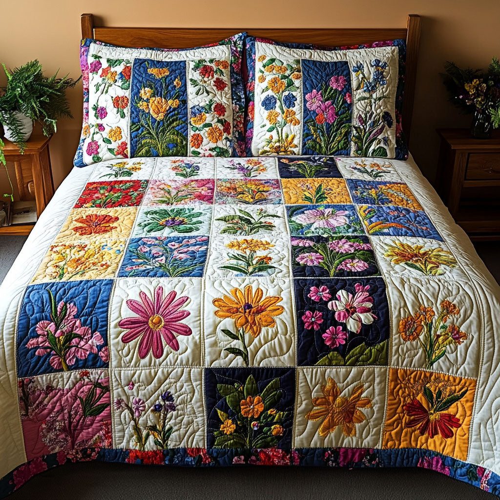 Cottage Garden quilted 3-piece bedding set on a made bed in a farmhouse bedroom