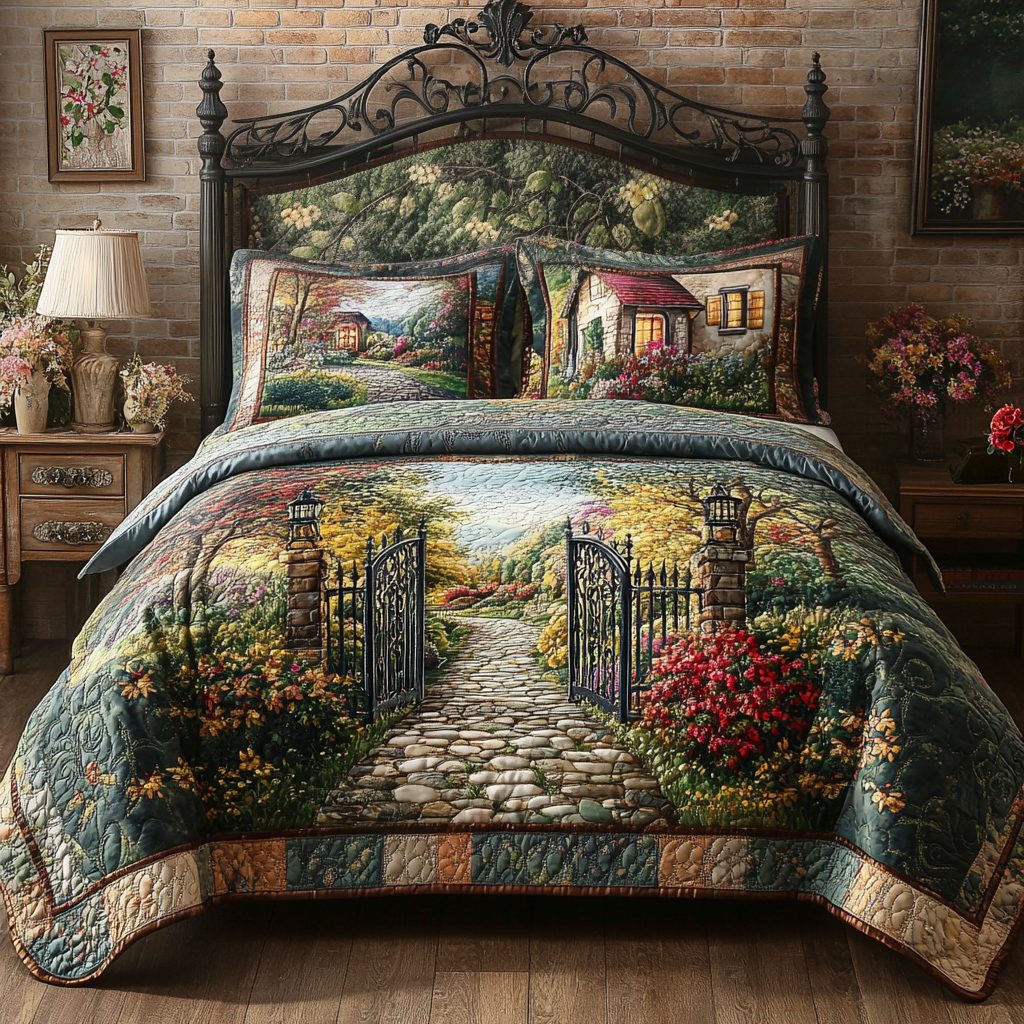 Cottage Pathway Set quilted 3-piece bedding set on a made bed in a farmhouse bedroom