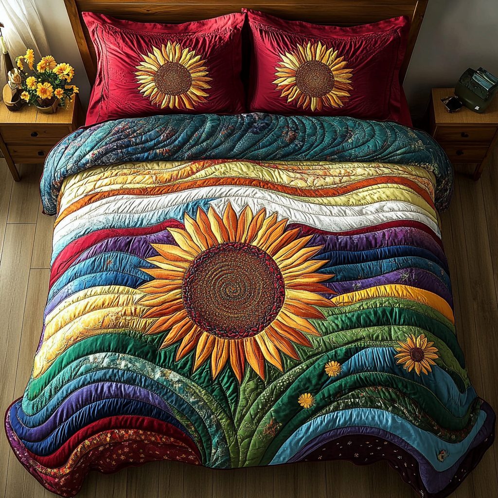 Country Bloom quilted 3-piece bedding set on a made bed in a farmhouse bedroom