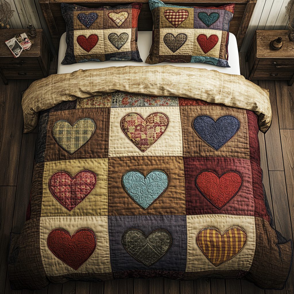 Country Charm quilted 3-piece bedding set on a made bed in a farmhouse bedroom