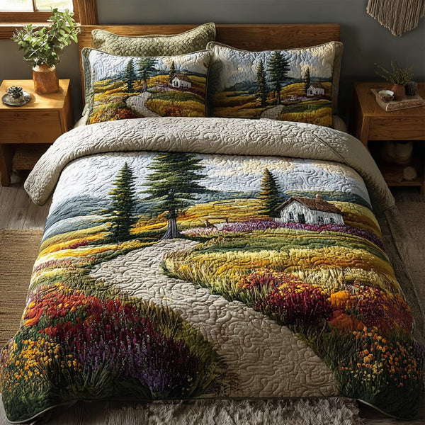 Country Charm quilted 3-piece bedding set on a made bed in a farmhouse bedroom