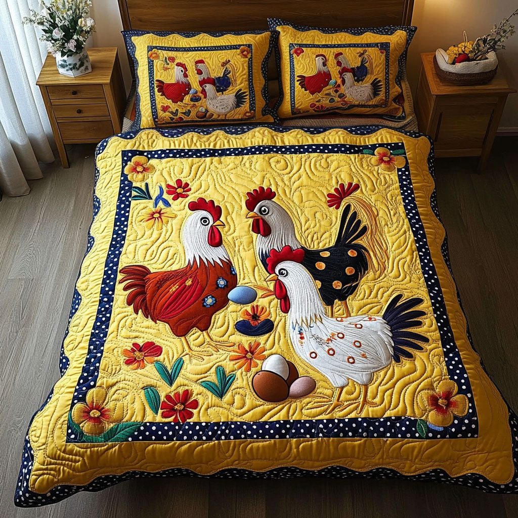Country Chickens quilted 3-piece bedding set on a made bed in a farmhouse bedroom