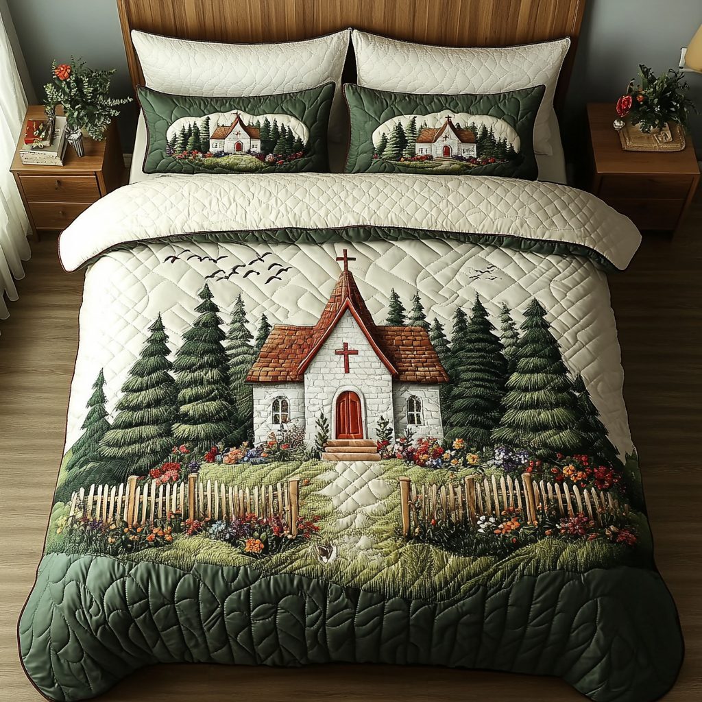 Country Church quilted 3-piece bedding set on a made bed in a farmhouse bedroom