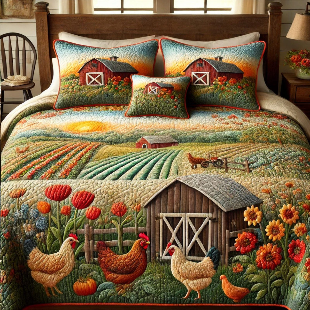 Country Cottage quilted 3-piece bedding set on a made bed in a farmhouse bedroom
