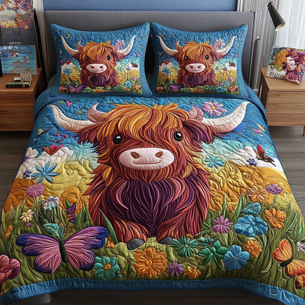 Country Cow quilted 3-piece bedding set on a made bed in a farmhouse bedroom