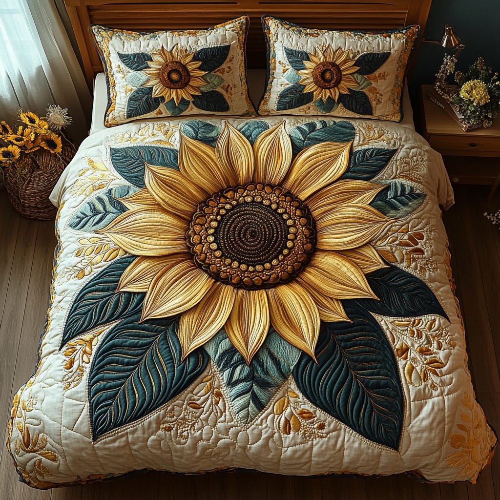 Country Delight quilted 3-piece bedding set on a made bed in a farmhouse bedroom