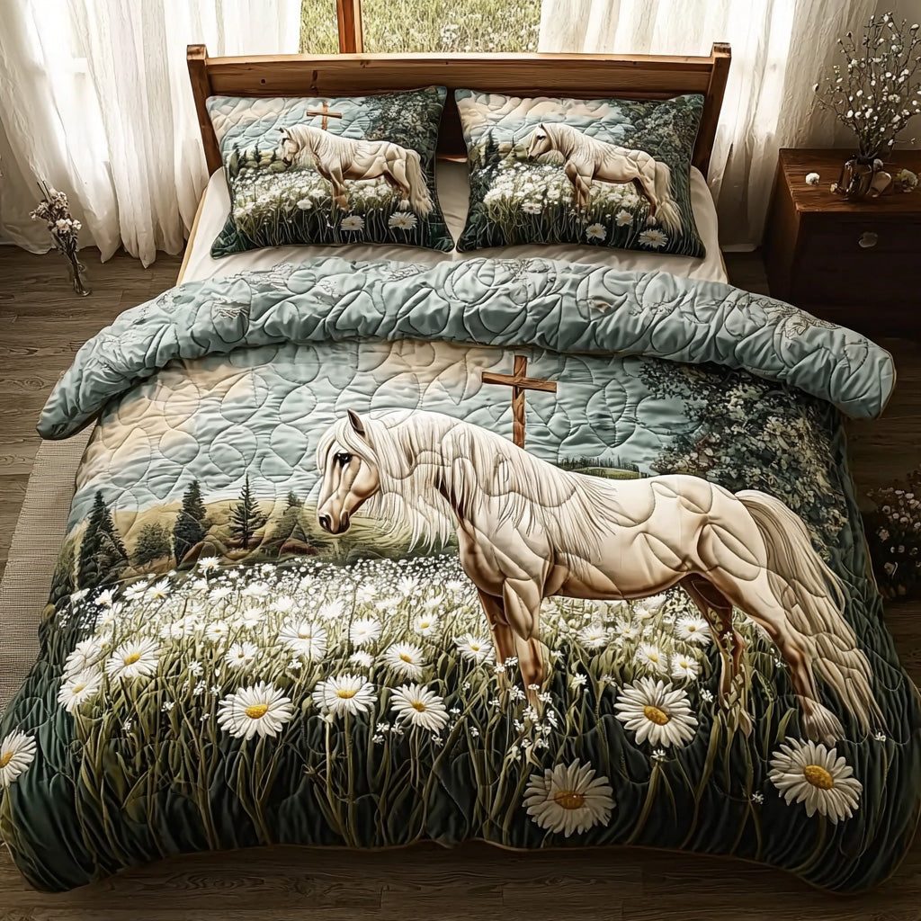 Country Faith quilted 3-piece bedding set on a made bed in a softly lit bedroom