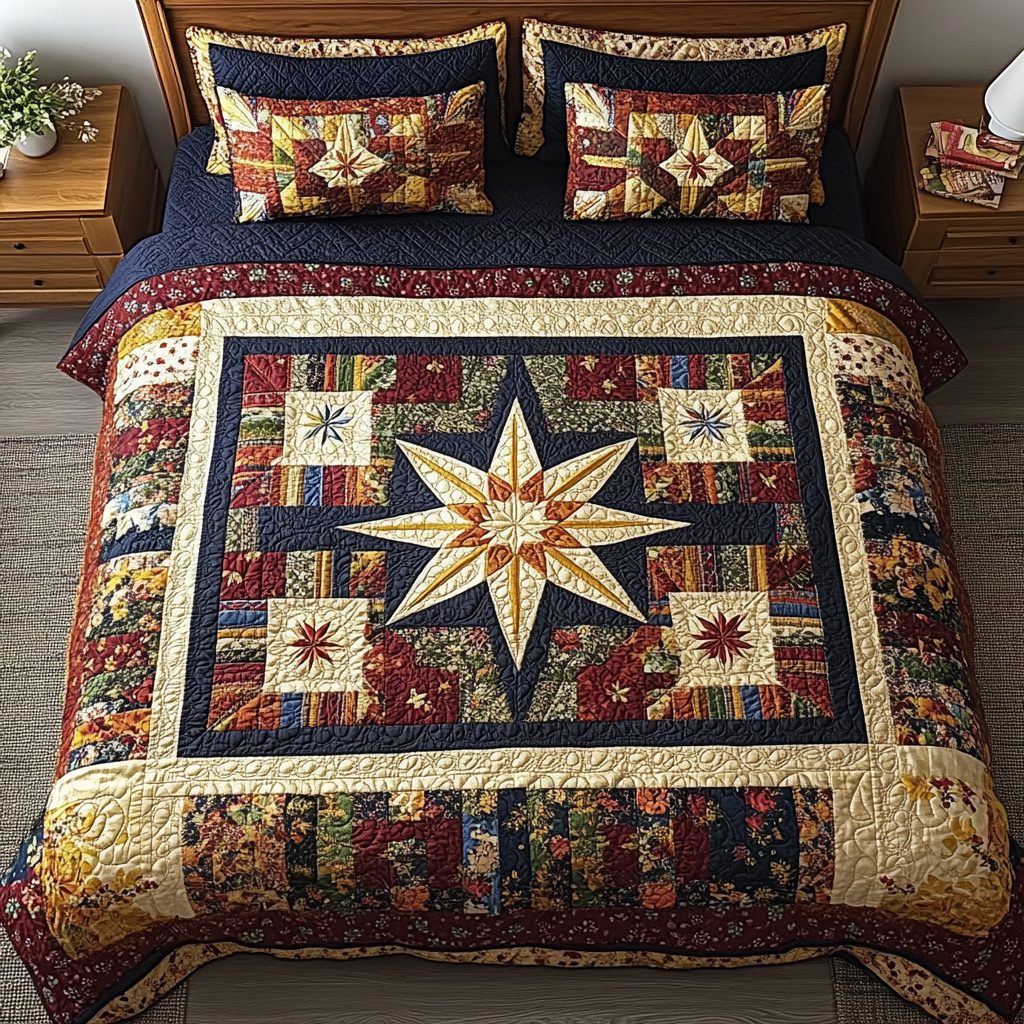 Country Glow quilted 3-piece bedding set on a made bed in a farmhouse bedroom