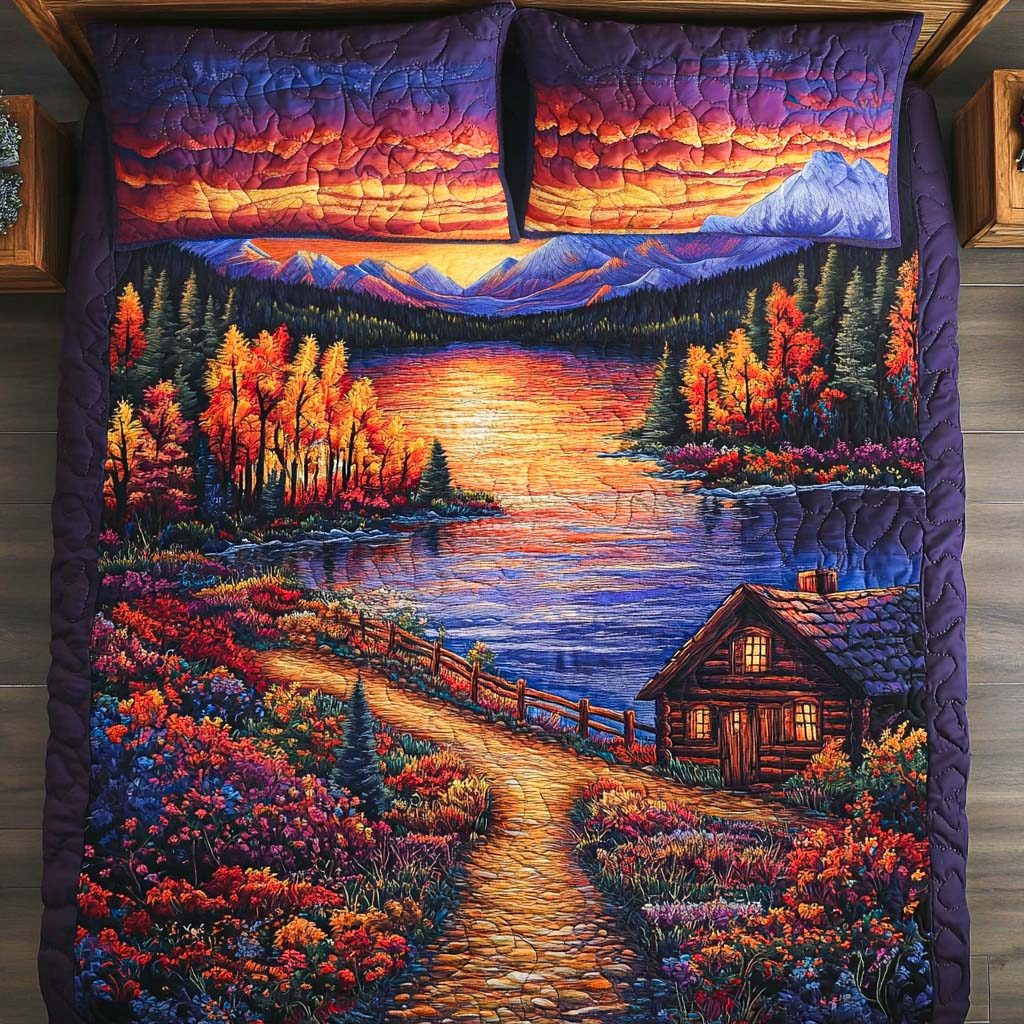 Country Hearth quilted 3-piece bedding set on a made bed in a farmhouse bedroom