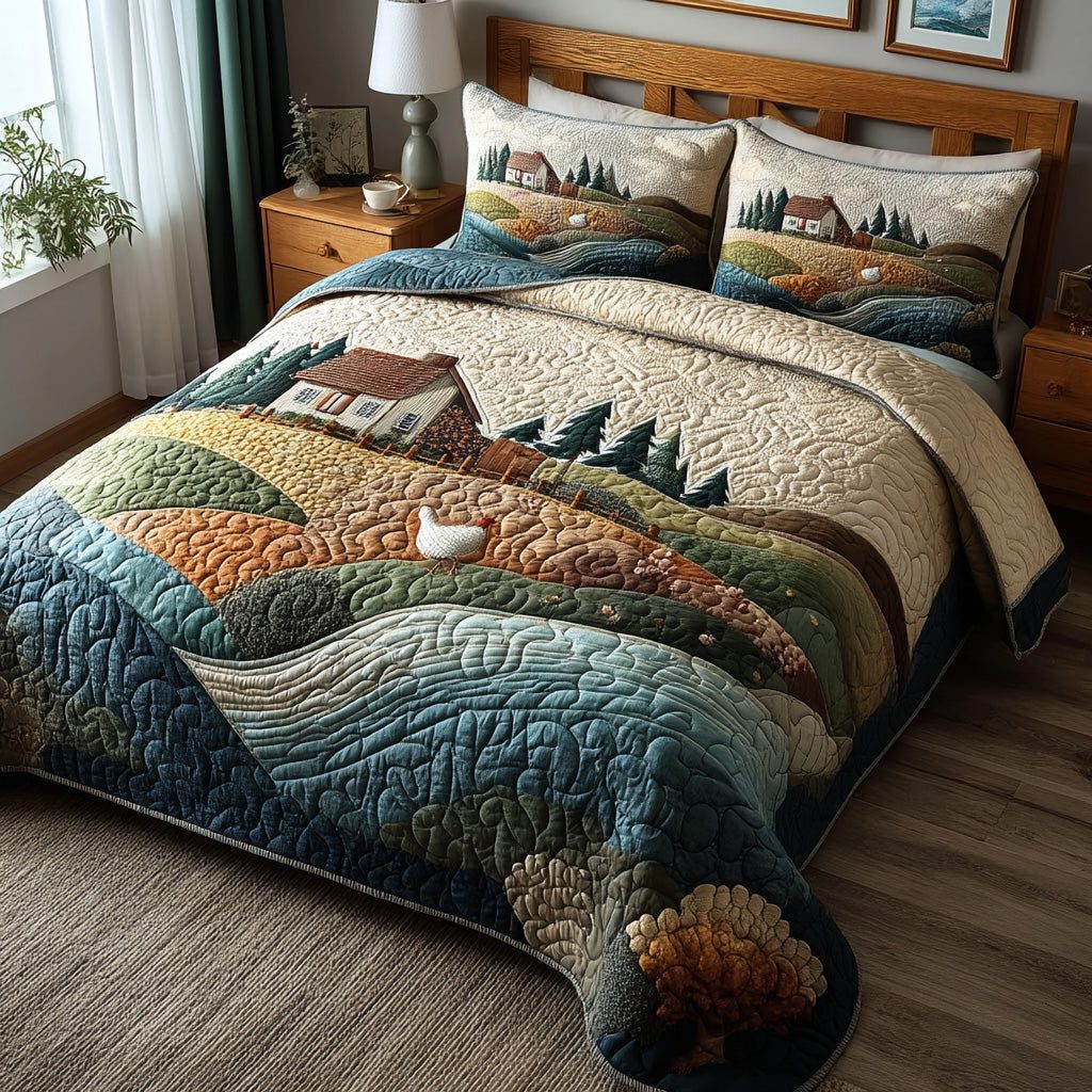 Country Hen quilted 3-piece bedding set on a made bed in a farmhouse bedroom