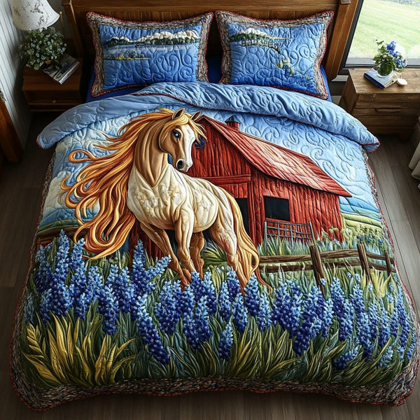 Country Horse Elegance quilted 3-piece bedding set on a made bed in a rustic timber bedroom