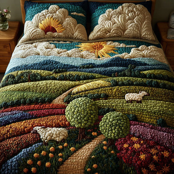 Country Lamb quilted 3-piece bedding set on a made bed in a farmhouse bedroom