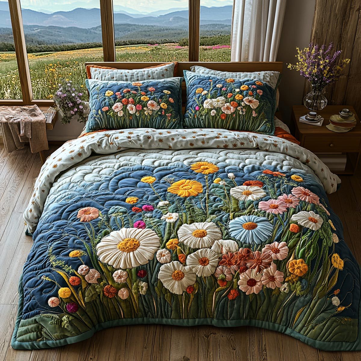 Country Meadow quilted 3-piece bedding set on a made bed in a farmhouse bedroom