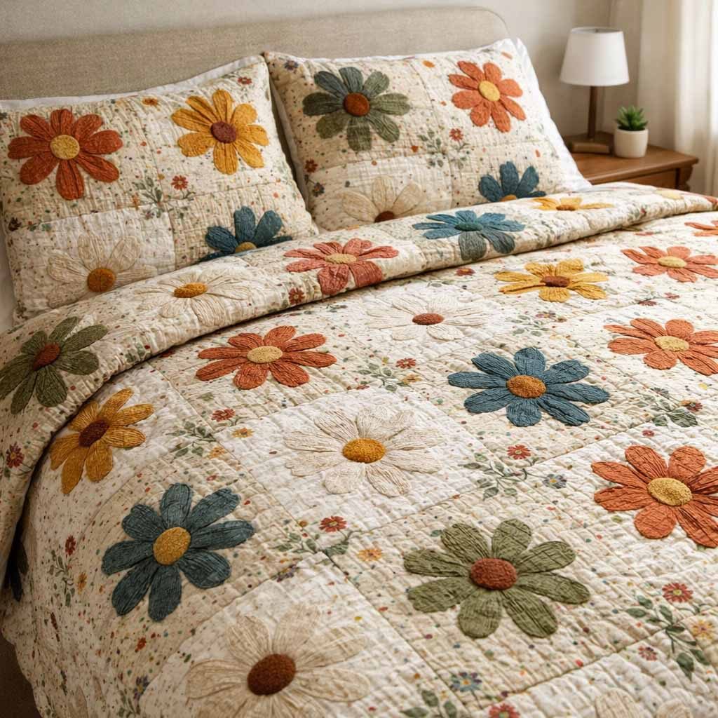 Country Petals quilted 3-piece bedding set on a made bed in a farmhouse bedroom