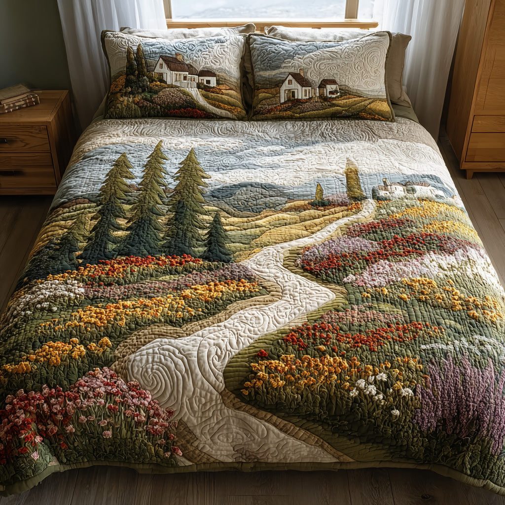 Country Road quilted 3-piece bedding set on a made bed in a farmhouse bedroom