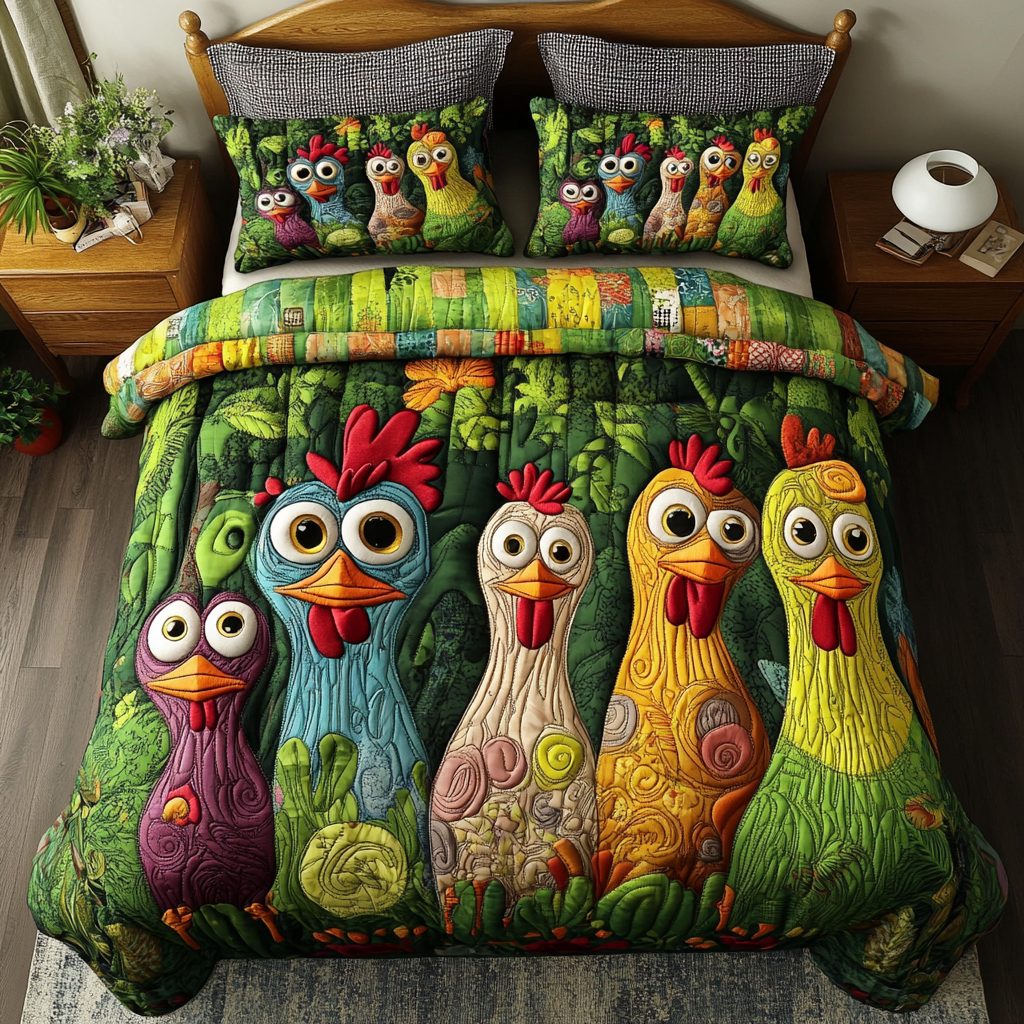 Country Roots quilted 3-piece bedding set on a made bed in a farmhouse bedroom