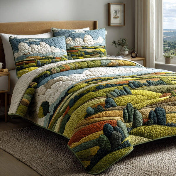 Country Scene quilted 3-piece bedding set on a made bed in a farmhouse bedroom