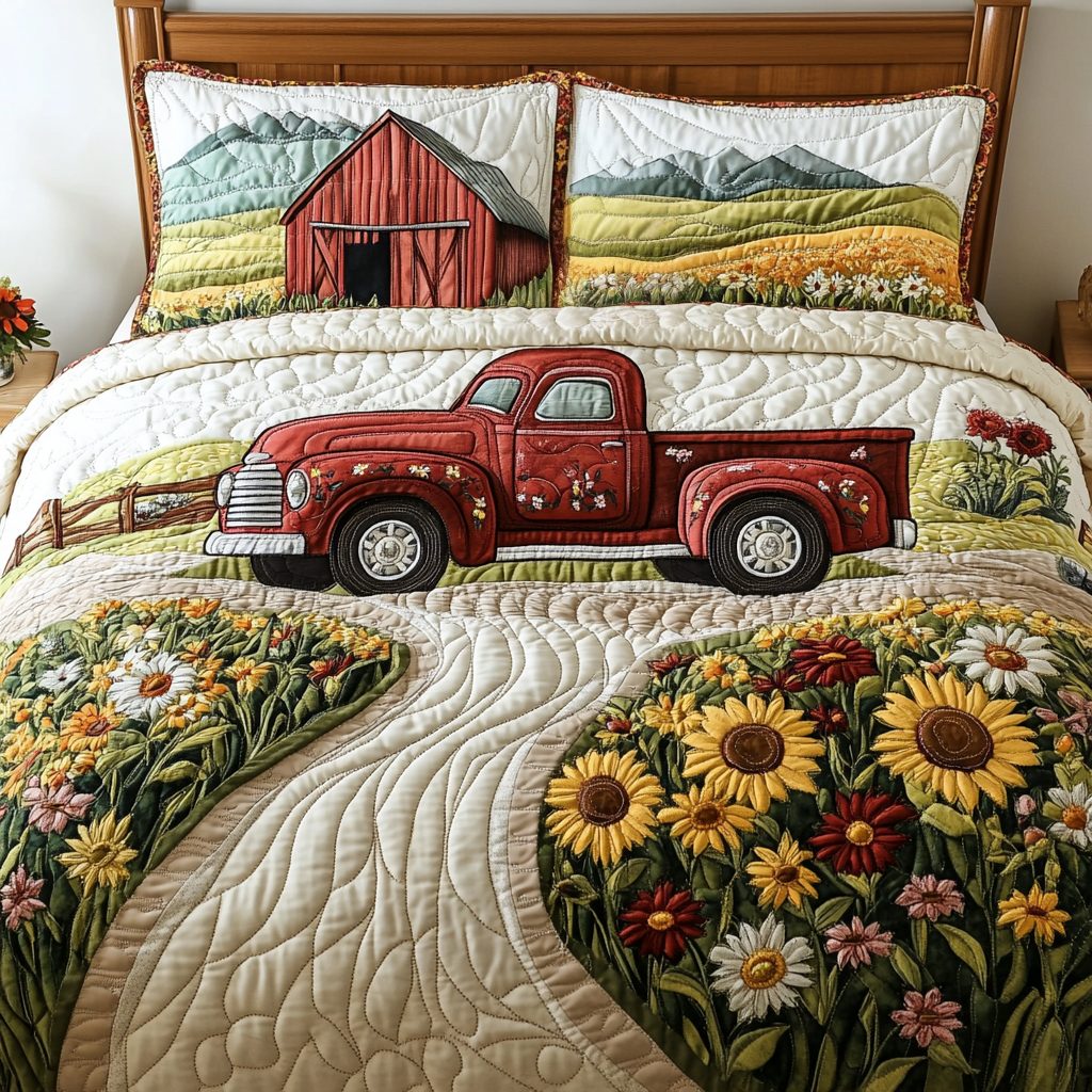 Country Truck quilted 3-piece bedding set on a made bed in a farmhouse bedroom