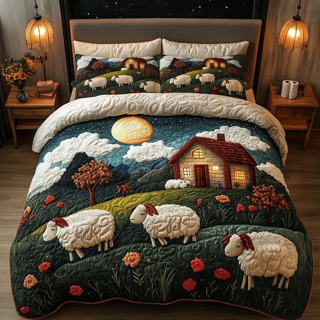 Countryside at Dusk quilted 3-piece bedding set on a made bed in a farmhouse bedroom