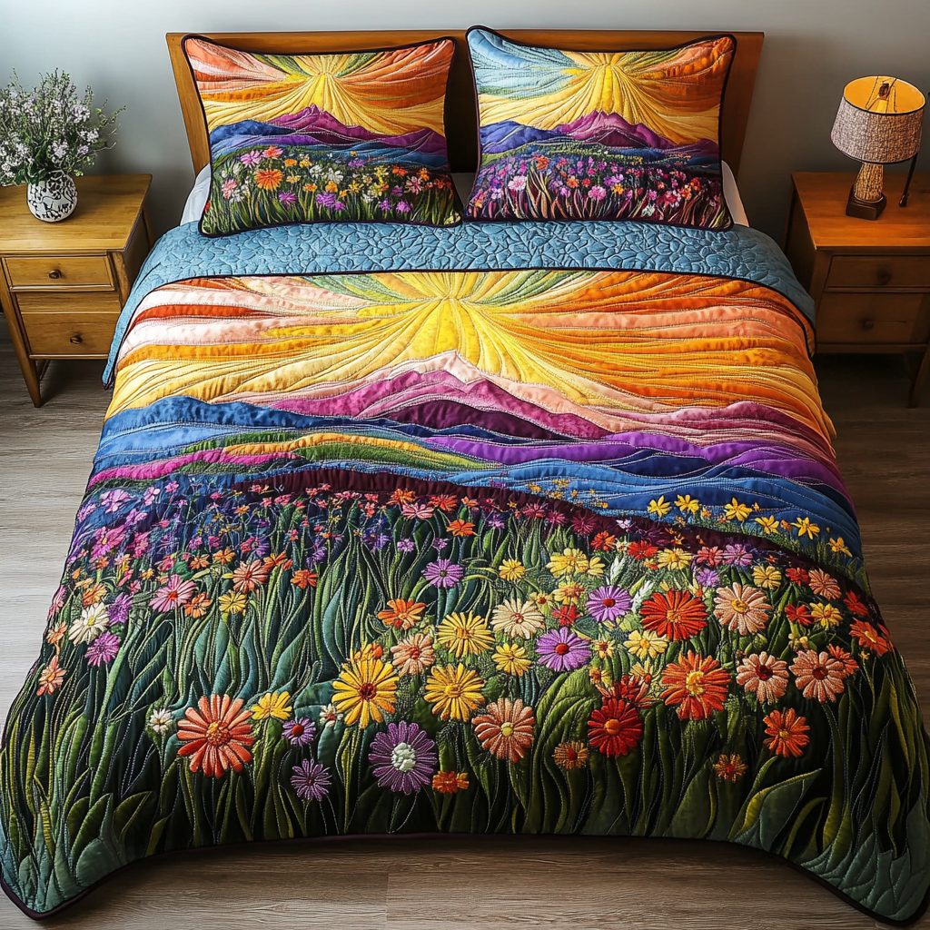 Countryside Beauty quilted 3-piece bedding set on a made bed in a farmhouse bedroom