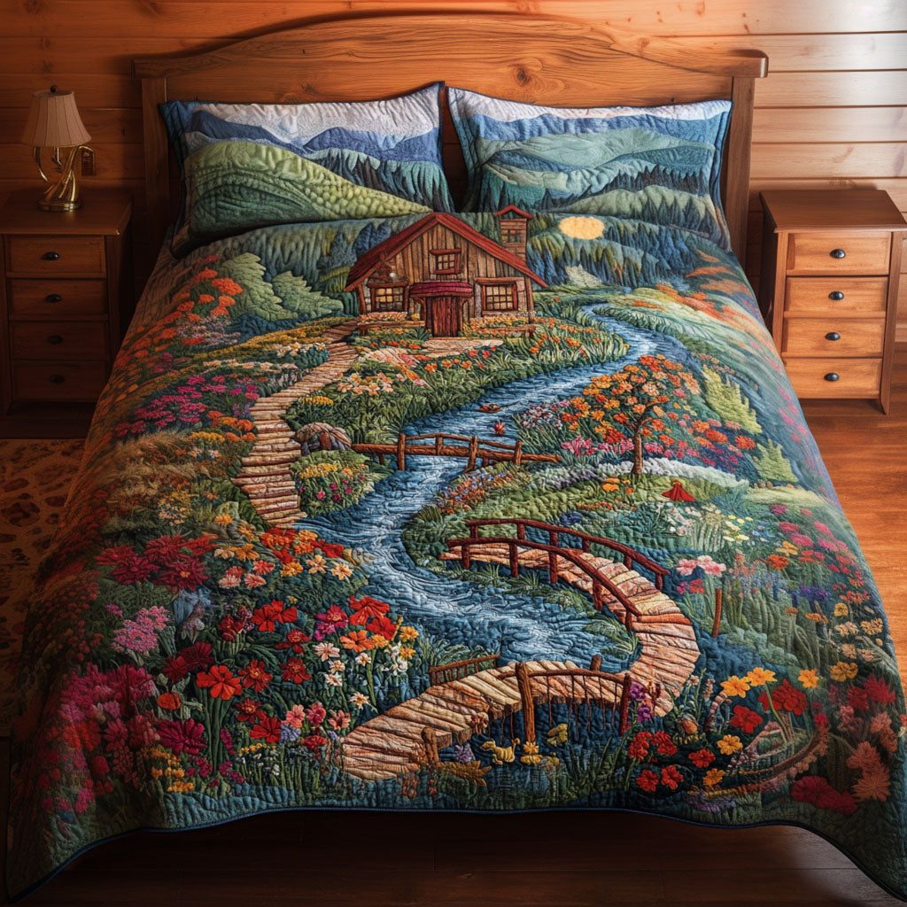 Countryside Bloom quilted 3-piece bedding set on a made bed in a farmhouse bedroom