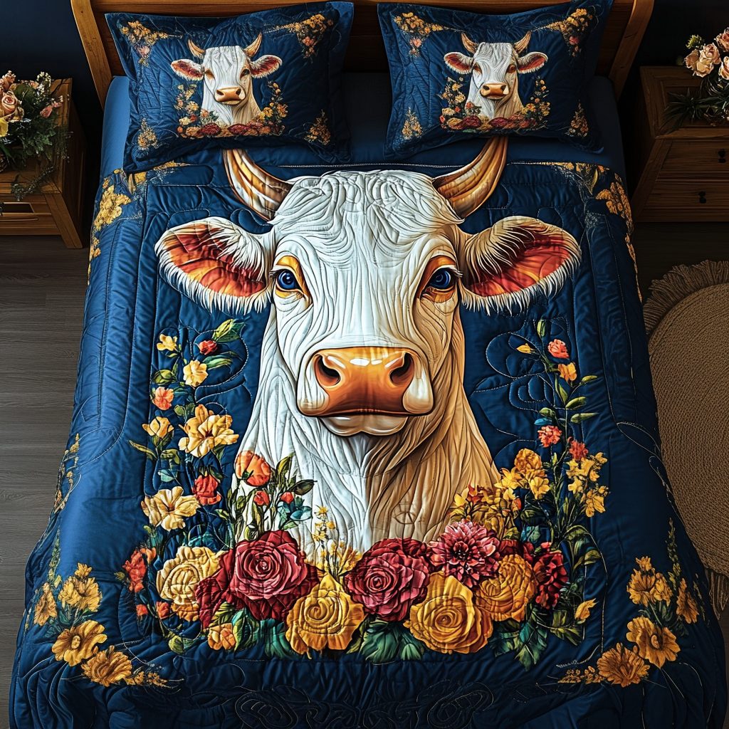 Countryside Cow Dreams quilted 3-piece bedding set on a made bed in a farmhouse bedroom