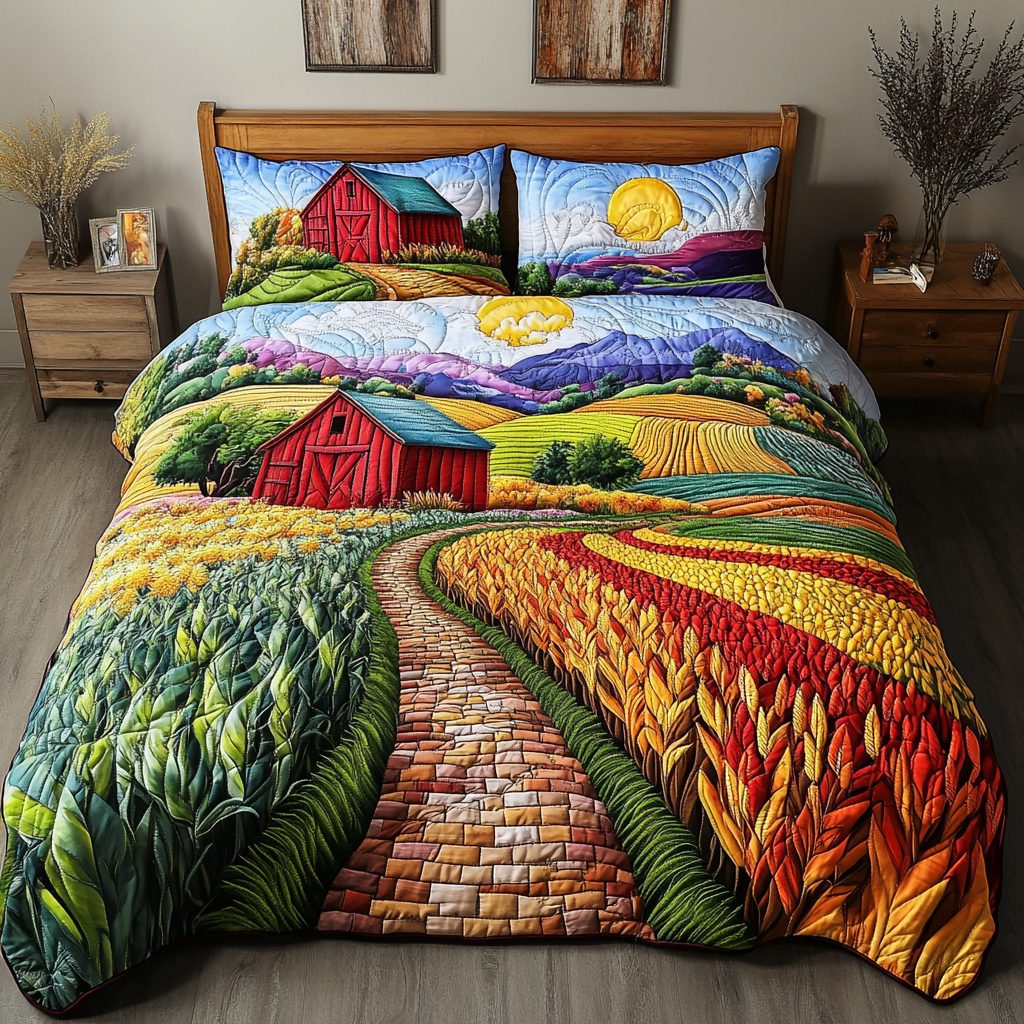 Countryside Escape quilted 3-piece bedding set on a made bed in a farmhouse bedroom